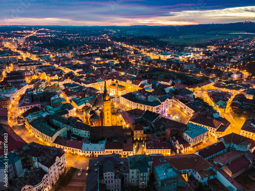 Skyline of Tarnow in Lesser Poland Illuminated at Blue Hour. Aerial Drone View of Old Town and Cathedral Church