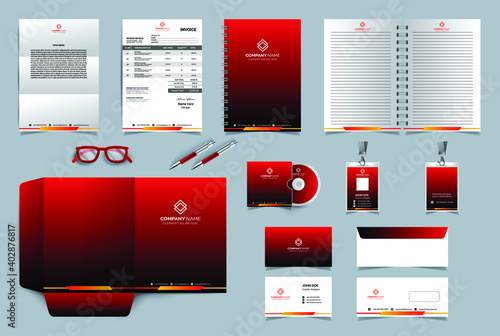 Corporate Brand Identity Design set. Business stationery elements template. Abstract geometric graphics on Letterhead, Invoice, Notebook Cover, Annual report cover, CD Case, ID Card, Business Card.