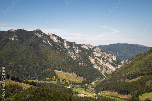 Rocky mountains know as Tiesnavy and Vratna Dolina valley in Natural park Mala Fatra, Slovakia. Beautiful view at mountain and forest with clear sky at summer