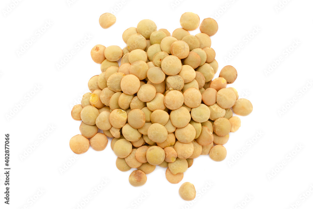 Pile of green lentils isolated on white background, top view. Lentil beans isolated on white background. Grain lentils, top view. Green lentil beans isolated on white background. Pile of green lentils isolated on white background, top view. Lentil beans isolated on white background. Grain lentils, top view. Green lentil beans isolated on white background.