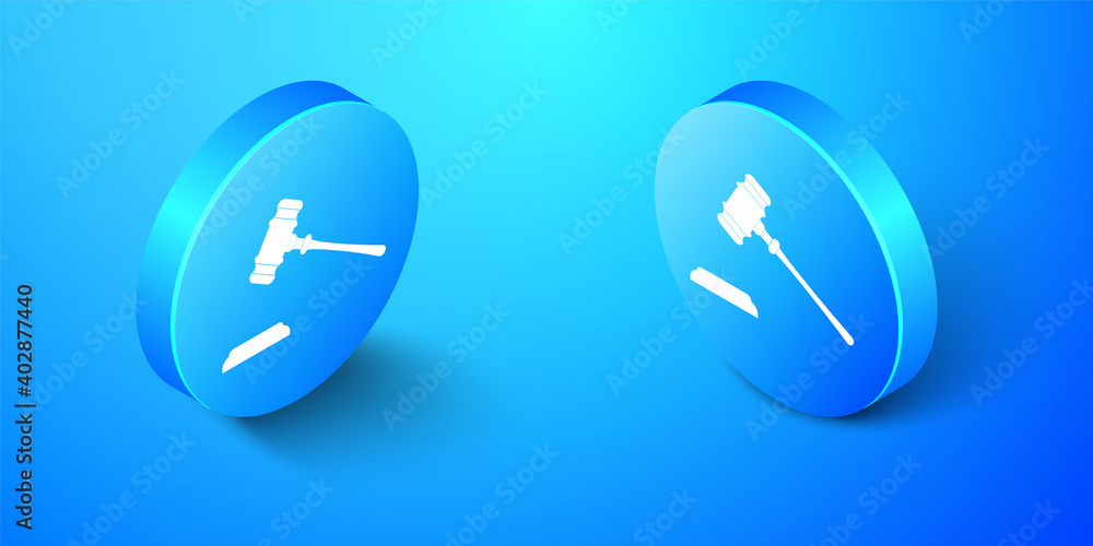 Isometric Judge gavel icon isolated on blue background. Gavel for adjudication of sentences and bills, court, justice, with a stand. Auction hammer. Blue circle button. Vector. Isometric Judge gavel icon isolated on blue background. Gavel for adjudication of sentences and bills, court, justice, with a stand. Auction hammer. Blue circle button. Vector.