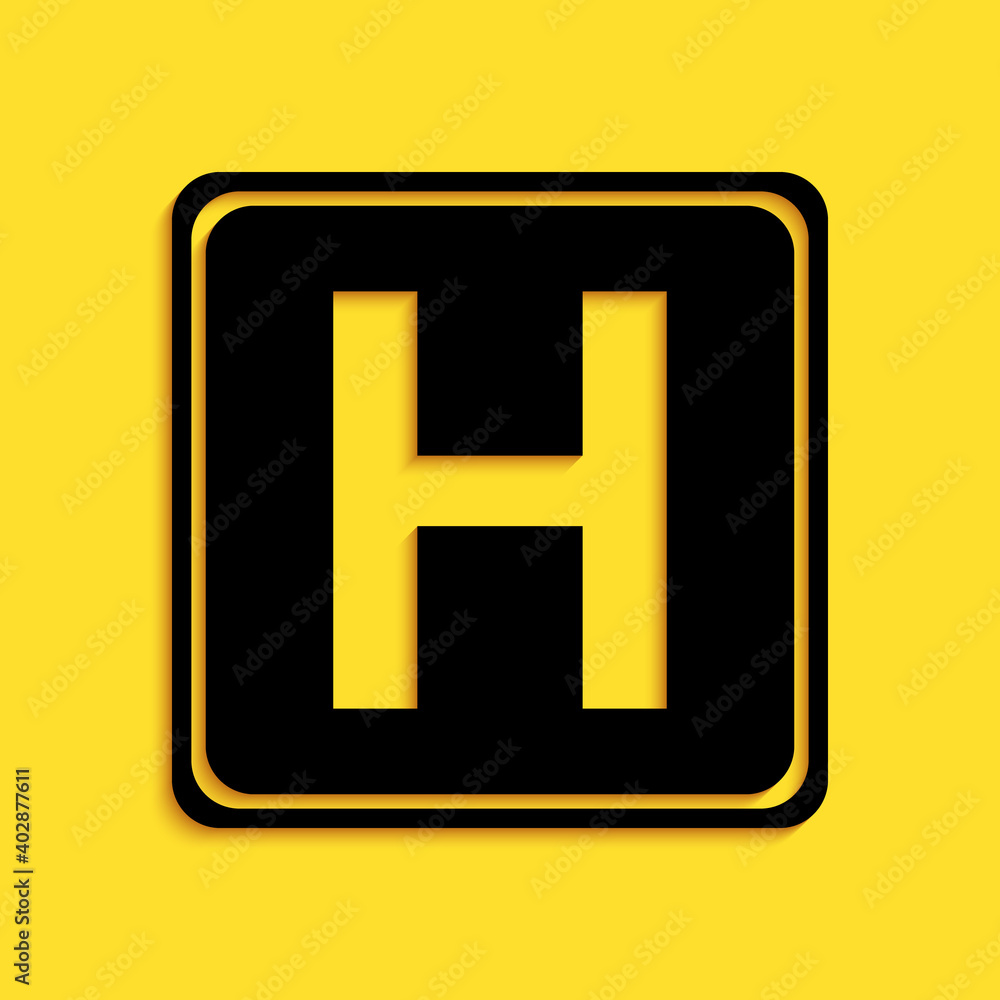 Black Hospital sign icon isolated on yellow background. Long shadow style. Vector. Black Hospital sign icon isolated on yellow background. Long shadow style. Vector.