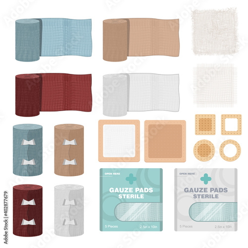 Set of type and bandages and tapes adhesives for injury and vector medical concept