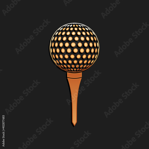 Gold Golf ball on tee icon isolated on black background. Long shadow style. Vector.