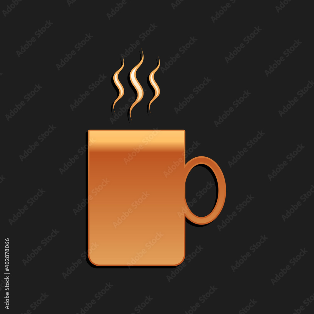 Gold Coffee cup flat icon isolated on black background. Tea cup. Hot drink coffee. Long shadow style. Vector. Gold Coffee cup flat icon isolated on black background. Tea cup. Hot drink coffee. Long shadow style. Vector.