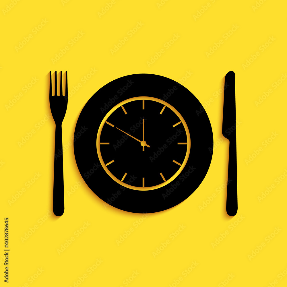 Black Plate with clock, fork and knife icon isolated on yellow background. Lunch time. Eating, nutrition regime, meal time and diet concept. Long shadow style. Vector.