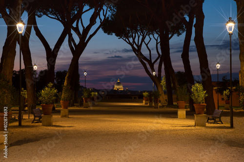 Orange Gardens on Aventine hill at sunset. The Savello Park of Rome also known as the Garden of Oranges is a romantic garden with breathtaking views of Rome, Italy