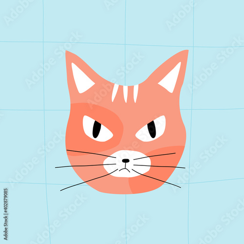 Red-headed angry cat. Head of ginger cranky cat with big angry eyes. Cat head cartoon on a blue background. Smiley  cat. Doodle illustration vector.