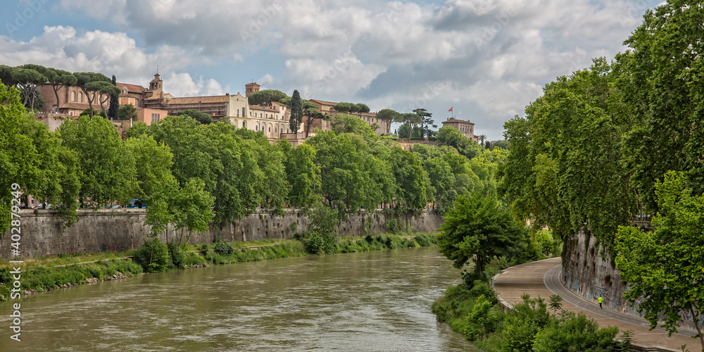 View of the Orange Gardens on Aventine hill. Panoramic view of the Tiber river and of the  Aventine Hill from Palatine Bridge, Rome, Italy