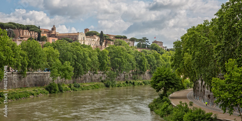 View of the Orange Gardens on Aventine hill. Panoramic view of the Tiber river and of the Aventine Hill from Palatine Bridge, Rome, Italy