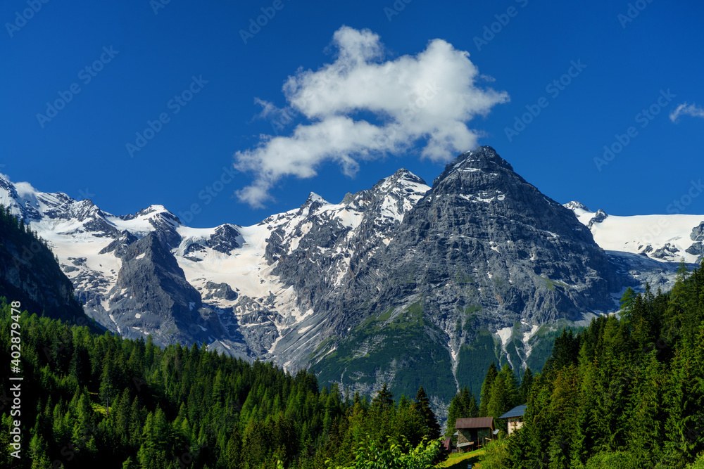 Mountain landscape along the road to Stelvio pass at summer