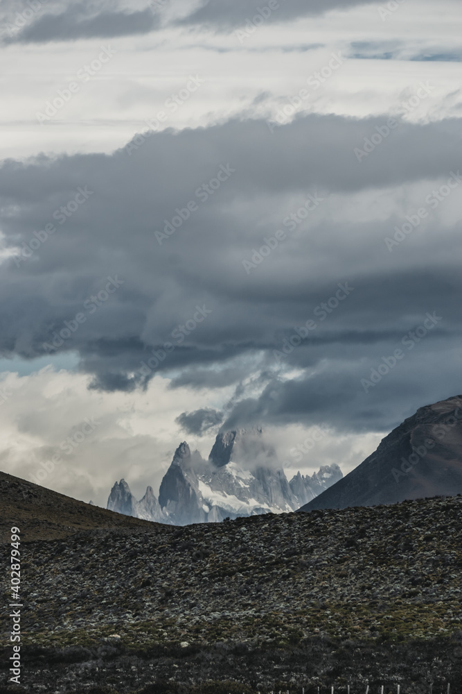 vertical Rocky snowy mountain the best amazing hiking in the world. Fitz Roy in Argentina