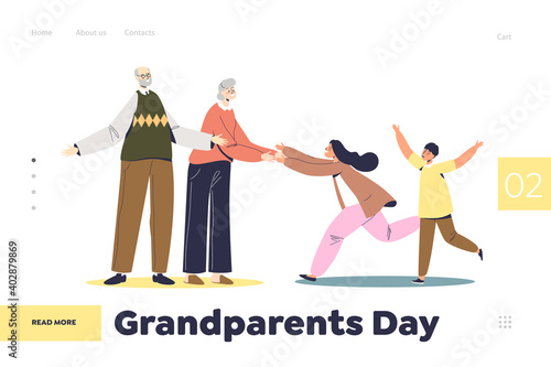 Grandparents day landing page concept with grandchildren visiting grand parents