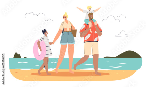 Happy family on vacation. mother, father and kids on beach. Parents with children trip