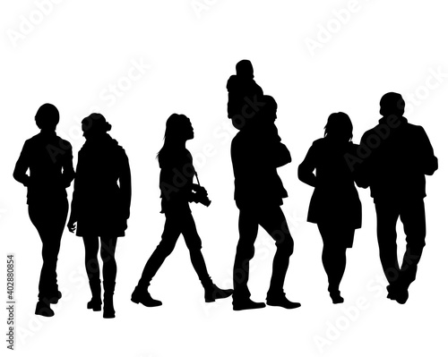 Big crowds people on street. Isolated silhouette on a white background