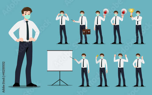 Flat design concept of Businessman wear surgery mask to protect corona virus with different poses, working and presenting process gestures, actions and poses. Vector cartoon character design set.