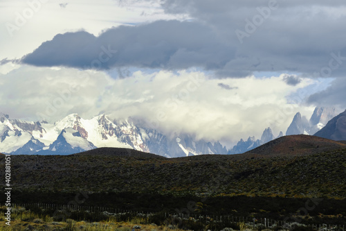 horizontal Rocky snowy mountain the best amazing hiking in the world. Fitz Roy in Argentina