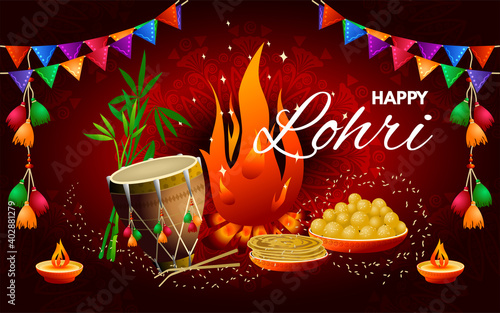 Lohri Festival in India. Colorful illustration with wishes for a happy Lohri holiday. Vector image.