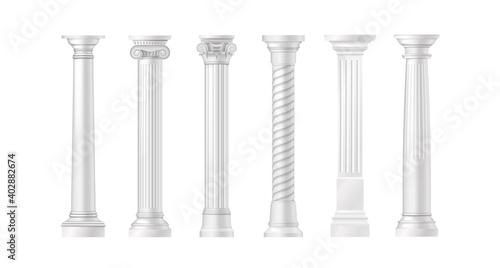 Ancient pillars. Realistic architectural set of rome or greek classic marble columns, stone pillar decoration for historic temple or palace. Vector illustrations
