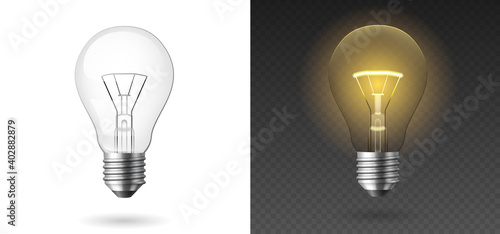 Realistic light bulb. Glowing yellow and white incandescent filament lamps