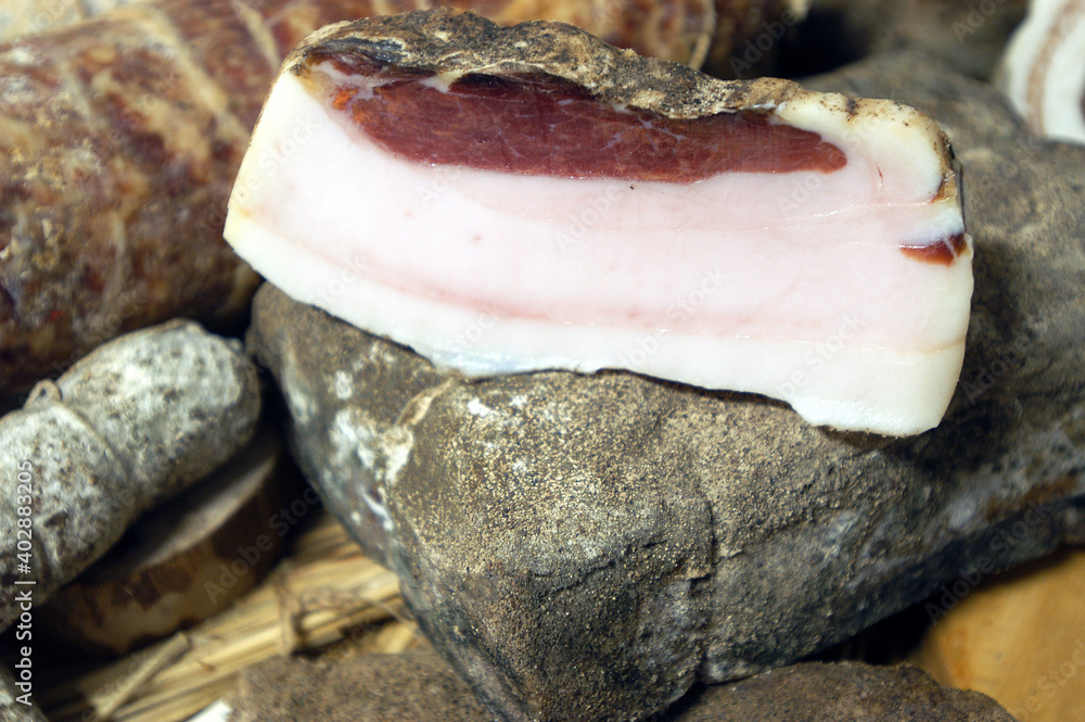 black pork bacon and salami in tuscany Italy black pork bacon and salami in tuscany Italy