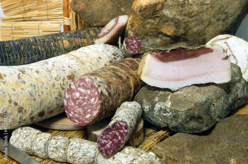 black pork bacon and salami in tuscany Italy