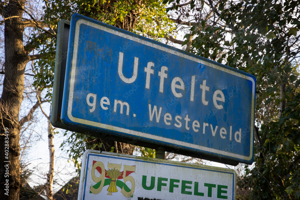 Village entrance sign.  Uffelte Drenthe Netherlands. Countryside.
