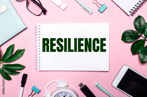 The word RESILIENCE is written in a white notebook on a pink background surrounded by business accessories and green leaves.