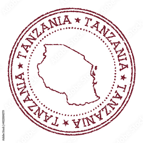 Tanzania round rubber stamp with country map. Vintage red passport stamp with circular text and stars, vector illustration.