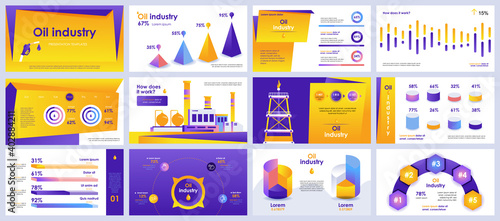 Oil industry presentation slides templates from infographic elements and vector illustration. Can be used for presentation oil industry company, brochure, marketing, annual report, banner, booklet.
