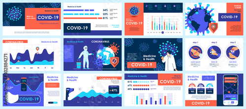 Coronavirus presentation slides templates from infographic elements and vector illustration. Can be used for presentation 2019-nCoV Covid, symptoms, spreading, preventive and protection from virus.