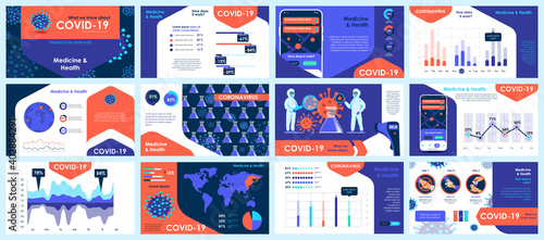 Coronavirus presentation slides templates from infographic elements and vector illustration. Can be used for presentation 2019-nCoV Covid, symptoms, spreading, preventive and protection from virus.