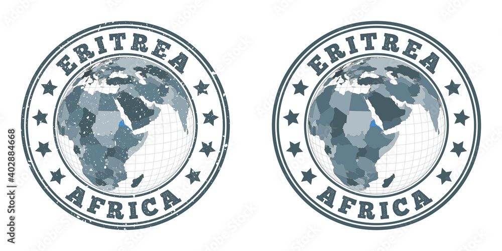 Eritrea round logos. Circular badges of country with map of Eritrea in world context. Plain and textured country stamps. Vector illustration. Eritrea round logos. Circular badges of country with map of Eritrea in world context. Plain and textured country stamps. Vector illustration.
