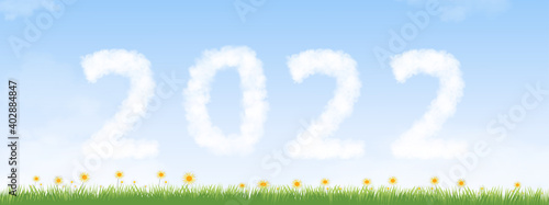 Happy new year banner,fluffy 2022 clouds on blue sky and green grass landscape.Vector calendar,Typography text 2022 font on Spring fild,daisy flower, meadow and morning sky background.