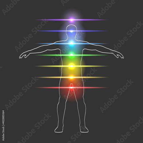 Vector illustration abstract background concept of aura and chakras, human subtle body.