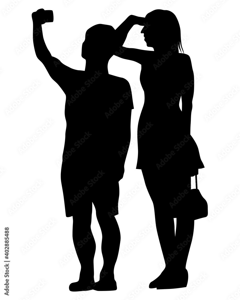 Woman and man holds a camera in her hand. Isolated silhouettes of people on a white background Woman and man holds a camera in her hand. Isolated silhouettes of people on a white background