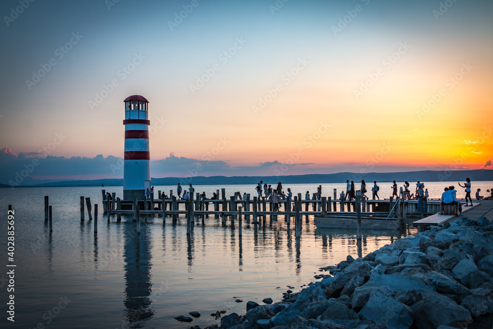 lighthouse at sunset, podersdorf, neusiedler see, burgenland, austria