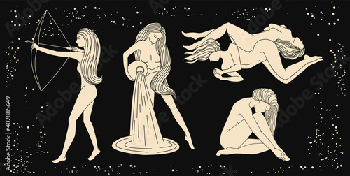 Women's images. Silhouettes of gold color; astrological signs of girls on a dark background. Magic illustration of women against the background of the starry sky.