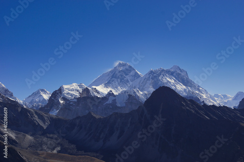 Summit of Mount Everest photographed from Gokyo Ri. One of the best view points on Everest. 