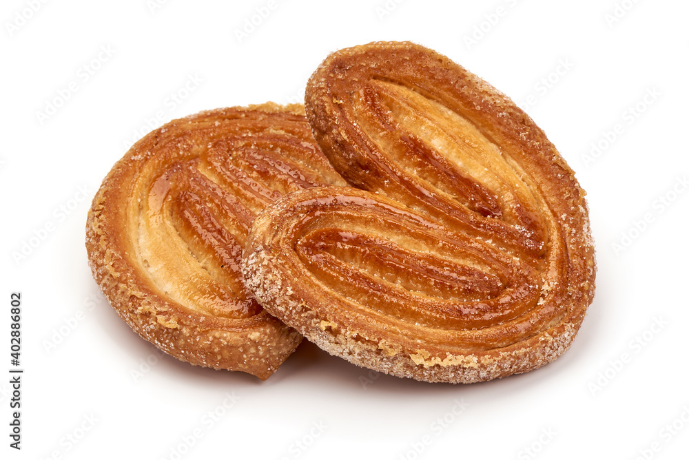 Sugared puff pastry cookies, isolated on white background