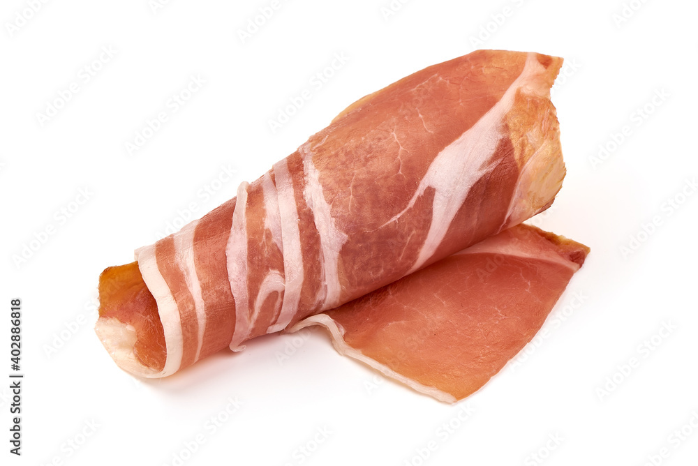 Italian prosciutto crudo or jamon, isolated on white background Italian prosciutto crudo or jamon, isolated on white background