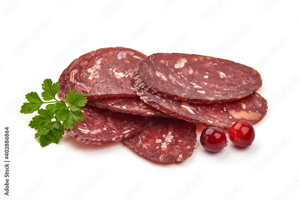 Dry sausage slices, cured sausages, isolated on white background