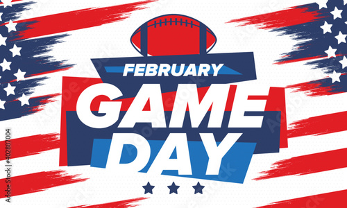 Game Day. American football playoff. Super Party in United States. Final game of regular season. Professional team championship. Ball for american football. Sport poster. Vector illustration