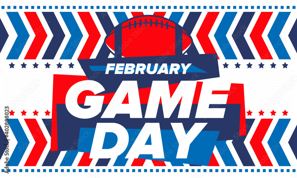 Game Day. American football playoff. Super Bowl Party in United States. Final game of regular season. Professional team championship. Ball for american football. Sport poster. Vector illustration Game Day. American football playoff. Super Bowl Party in United States. Final game of regular season. Professional team championship. Ball for american football. Sport poster. Vector illustration