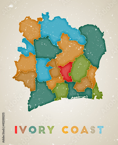 Ivory Coast map. Country poster with colored regions. Old grunge texture. Vector illustration of Ivory Coast with country name.