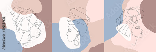 Set of female faces in turban continuous line art. Abstract modern collage of geometric shapes in a modern trendy style. Vector illustration. Portrait of a woman. Postcard, poster.