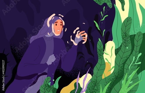 Female character trying to cope, get out of depression, choosing bright, positive life instead of lifeless, unhappy and joyless. Concept of life improvement. Vector illustration in flat cartoon style