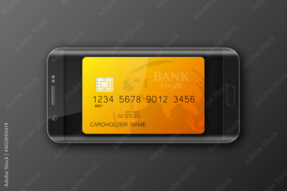 Smartphone banner & credit card. Advertising promo poster phone & bank card icon. Communicator PDA Electronic money funds transfer. Plastic card software. Update banking icon. Debit card with chip Smartphone banner & credit card. Advertising promo poster phone & bank card icon. Communicator PDA Electronic money funds transfer. Plastic card software. Update banking icon. Debit card with chip