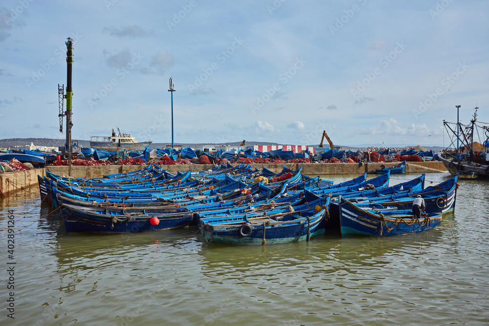 Blue fishing boats in the port of Essaouira