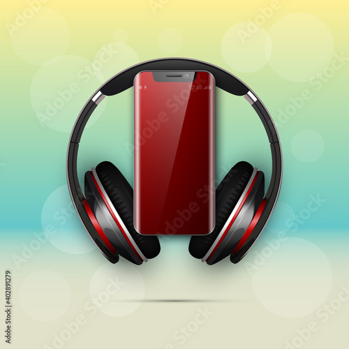 Image headphones on smartphone latest model background. Device for listening music on phone latest model background. Color stereo headphone for listening audio from phone. Banner earphones music party